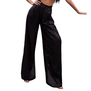 Black Sequin Beaded Wide-Leg Pants